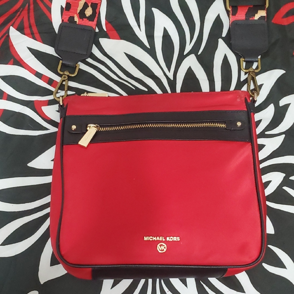 Michael Kors Charm Nylon Red & Black Crossbody Bag